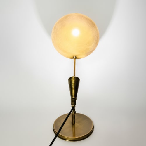 Solis Table Lamp – Tilted Disc Reflector with Hammered Cone, Antique Brass