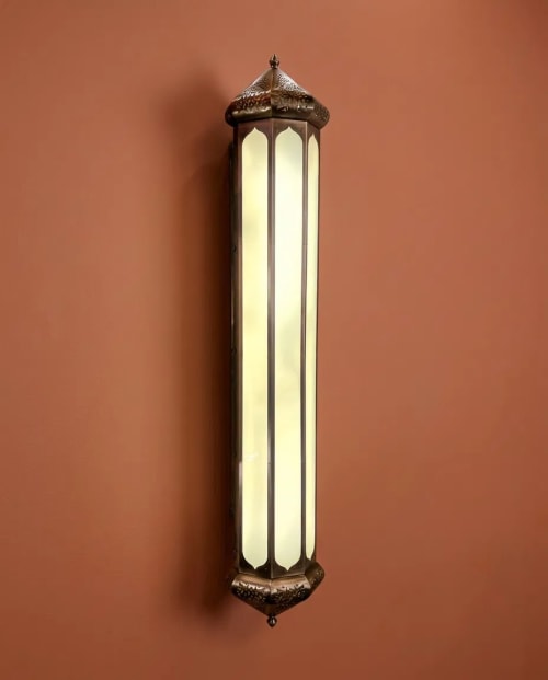 Moroccan-Inspired Bespoke Wall Sconce – Hexagonal Opal Panels, Pierced Caps, 120 cm