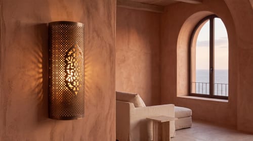 Exotic Dotted Wall Sconce – Cylindrical Pierced Brass with Medallion Motif