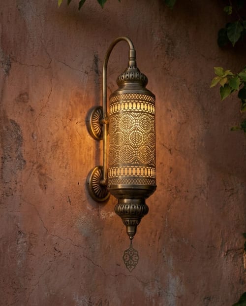 Andalusia Wall Sconce – Curved Arm Lace-Pierced Brass Lantern