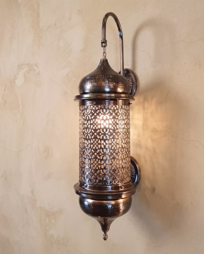 Embossed Moroccan Pattern Wall Sconce – Curved Arm Onion-Dome Lantern