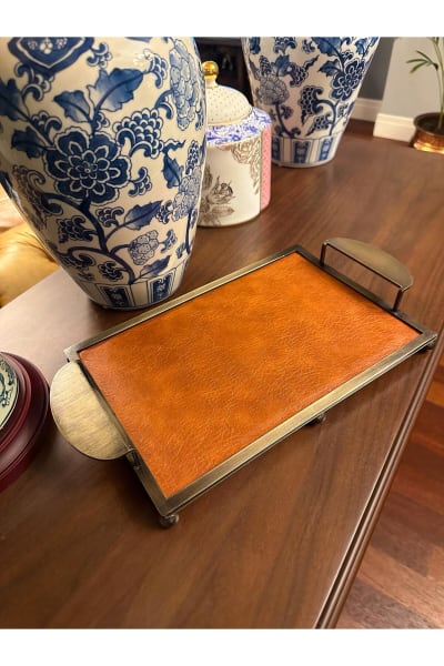 Tan Leather Serving Tray – Antique Brass Metal Frame