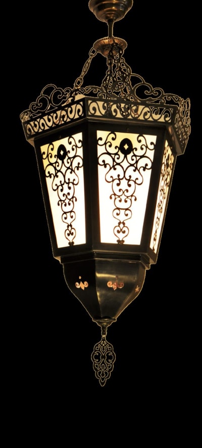 Crowned Hexagonal Lantern Pendant – Opal Glass Ottoman Light Ø30 cm