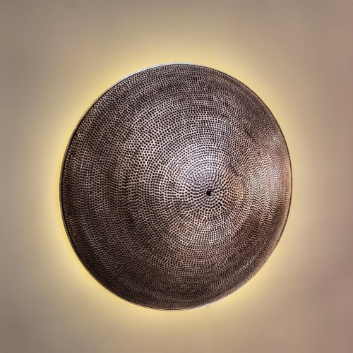 Hammered Copper Flush Mount – Hand-Beaten Disc, Antique Brass Patina