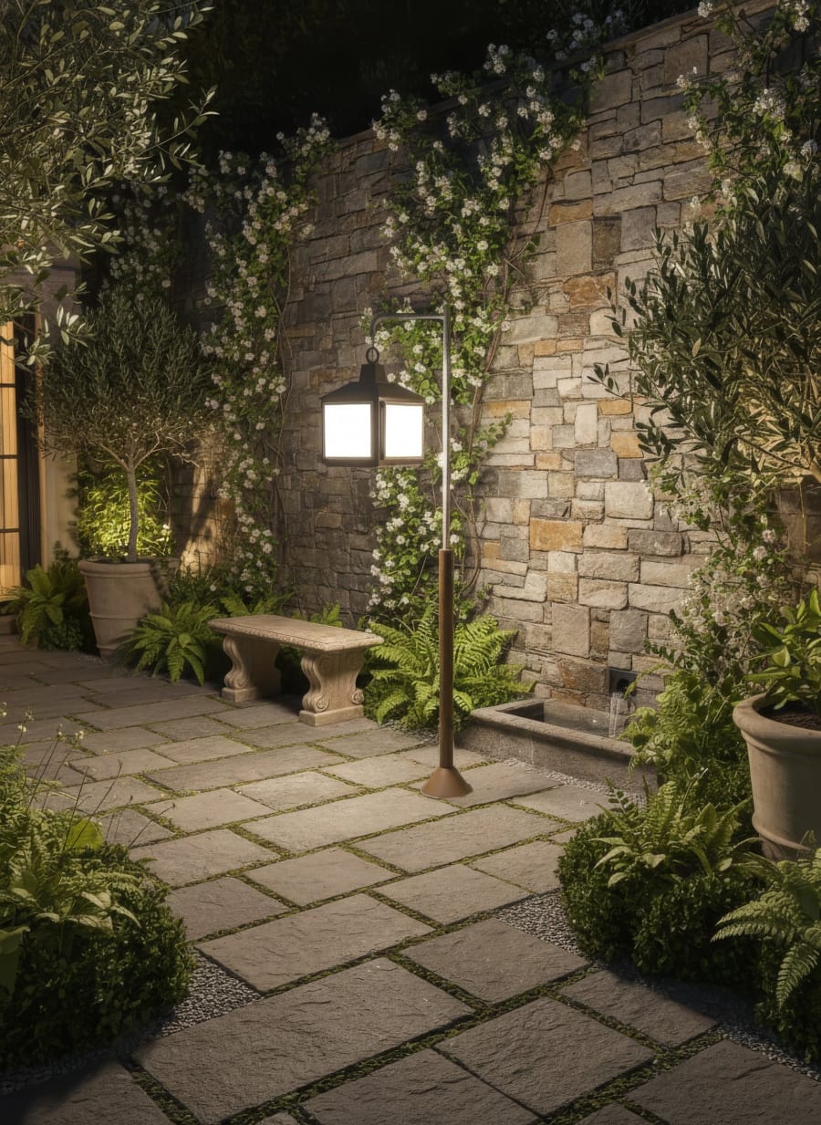 Hanging Lantern Garden Post Light – Curved Arm, Opal Panels