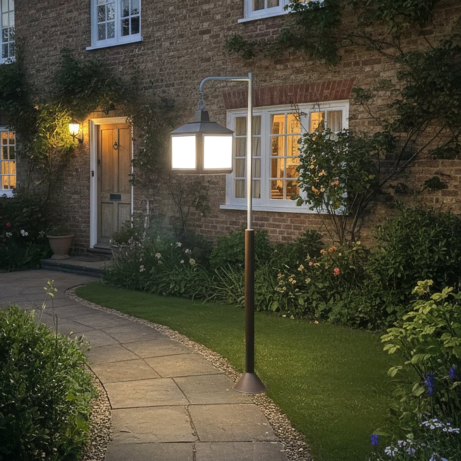 Hanging Lantern Garden Post Light – Curved Arm, Opal Panels