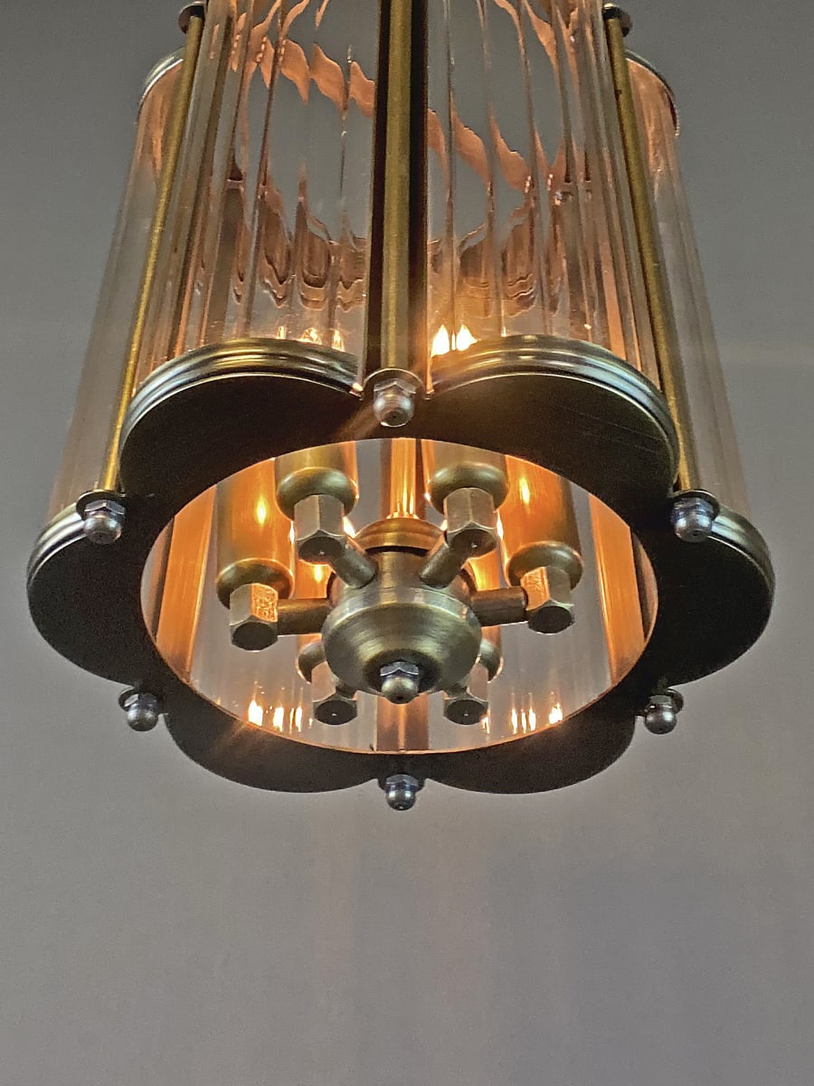 Antique Brass Patina Cylindrical Pendant Chandelier – Crystal Glass Detail