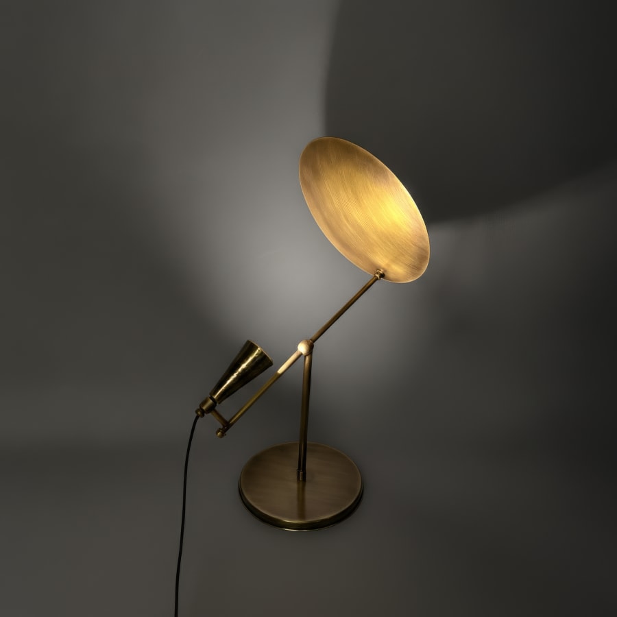Solis Table Lamp – Tilted Disc Reflector with Hammered Cone, Antique Brass