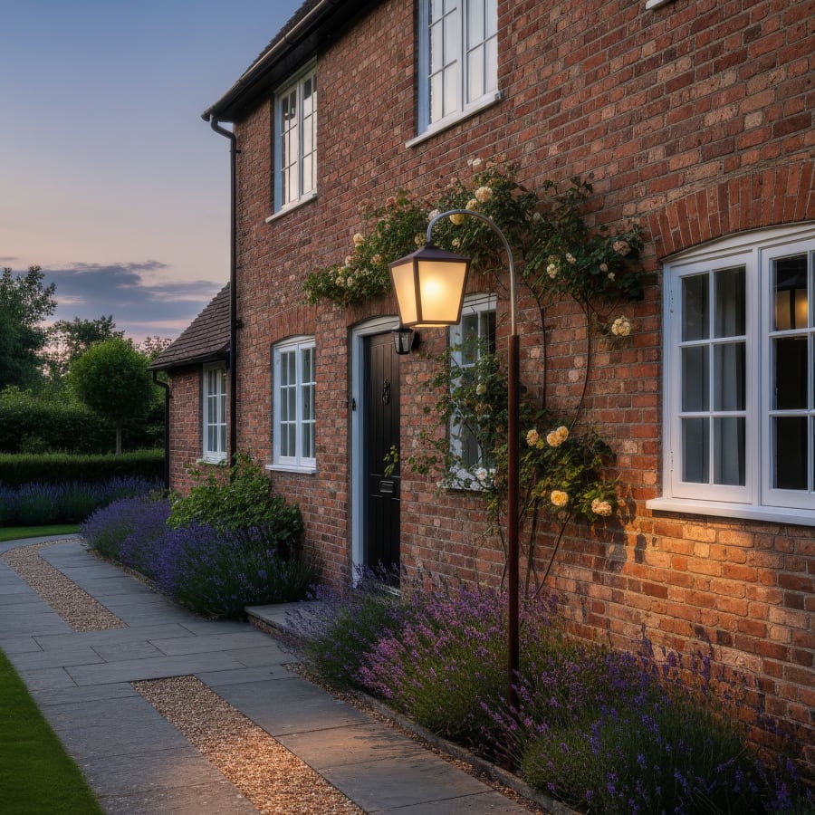 English Garden Post Light – Arched Arm, Classic Tapered Lantern