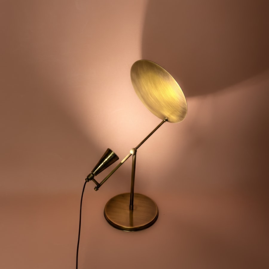 Solis Table Lamp – Tilted Disc Reflector with Hammered Cone, Antique Brass
