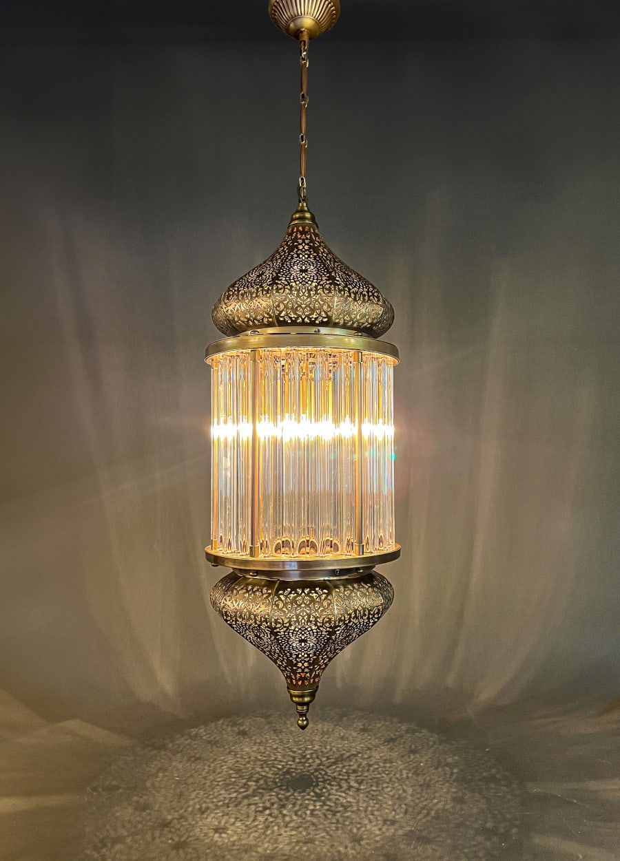 Antique Brass Moroccan Style Pendant Chandelier - Crystal Glass Detail