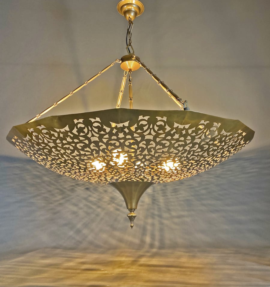 Antique Brass Patina Hotel Lobby Pendant Chandelier - Moroccan Geometric Pattern
