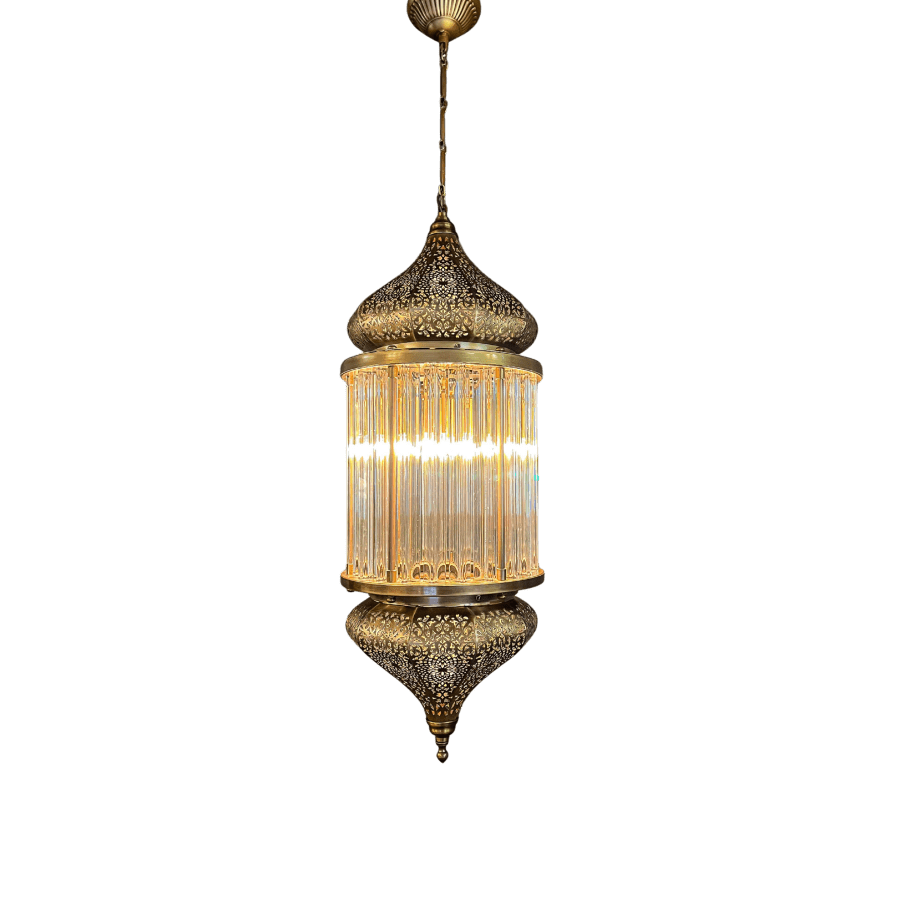 Antique Brass Moroccan Style Pendant Chandelier - Crystal Glass Detail