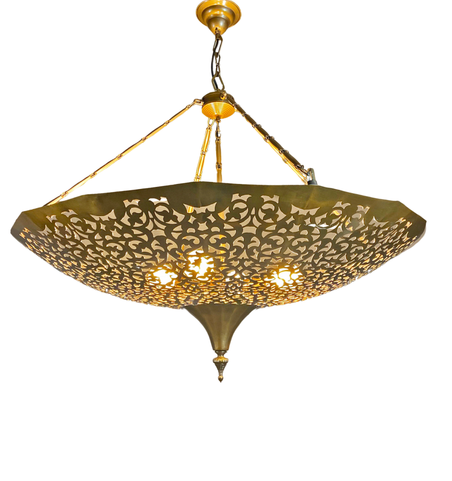 Antique Brass Patina Hotel Lobby Pendant Chandelier - Moroccan Geometric Pattern