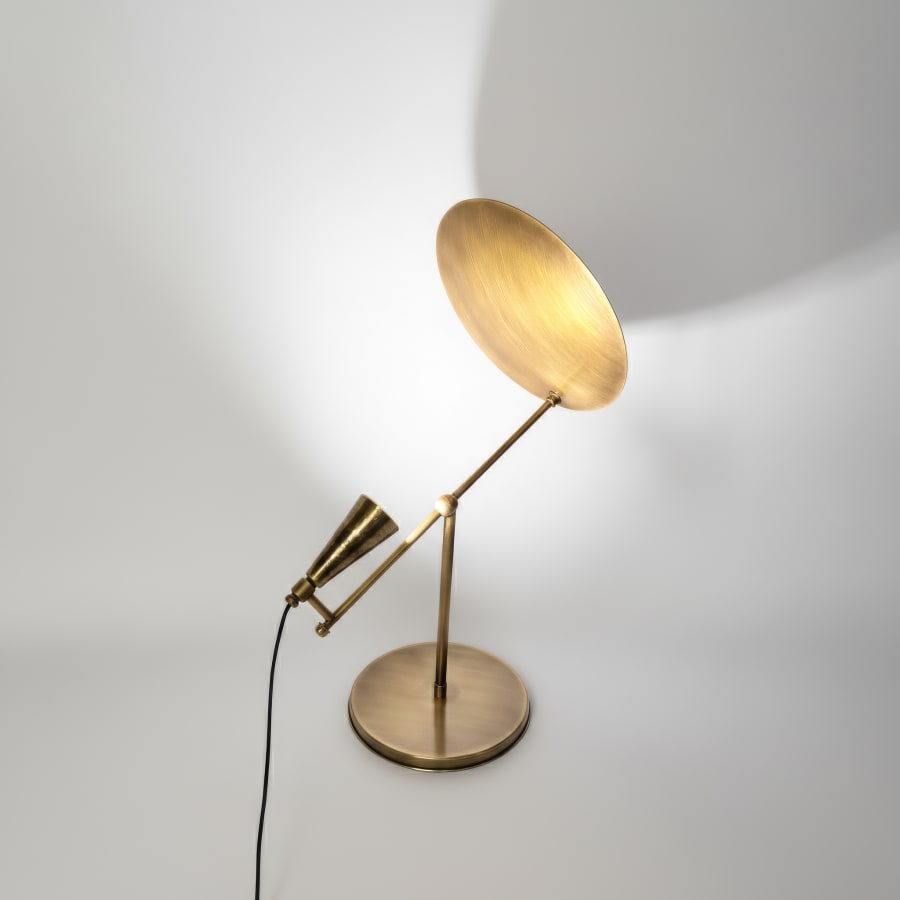 Solis Table Lamp – Tilted Disc Reflector with Hammered Cone, Antique Brass