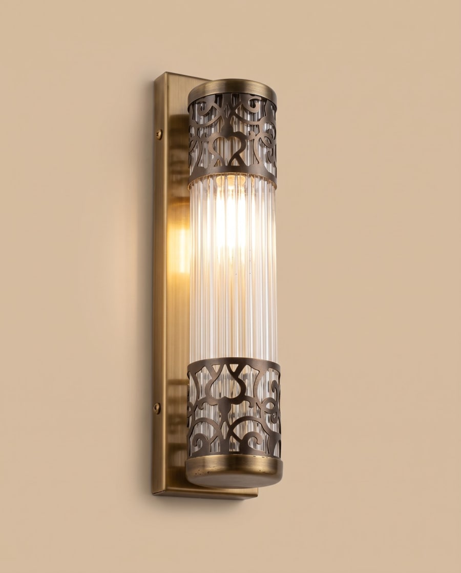 Divan Wall Sconce – Fluted Glass Cylinder with Pierced Brass Bands