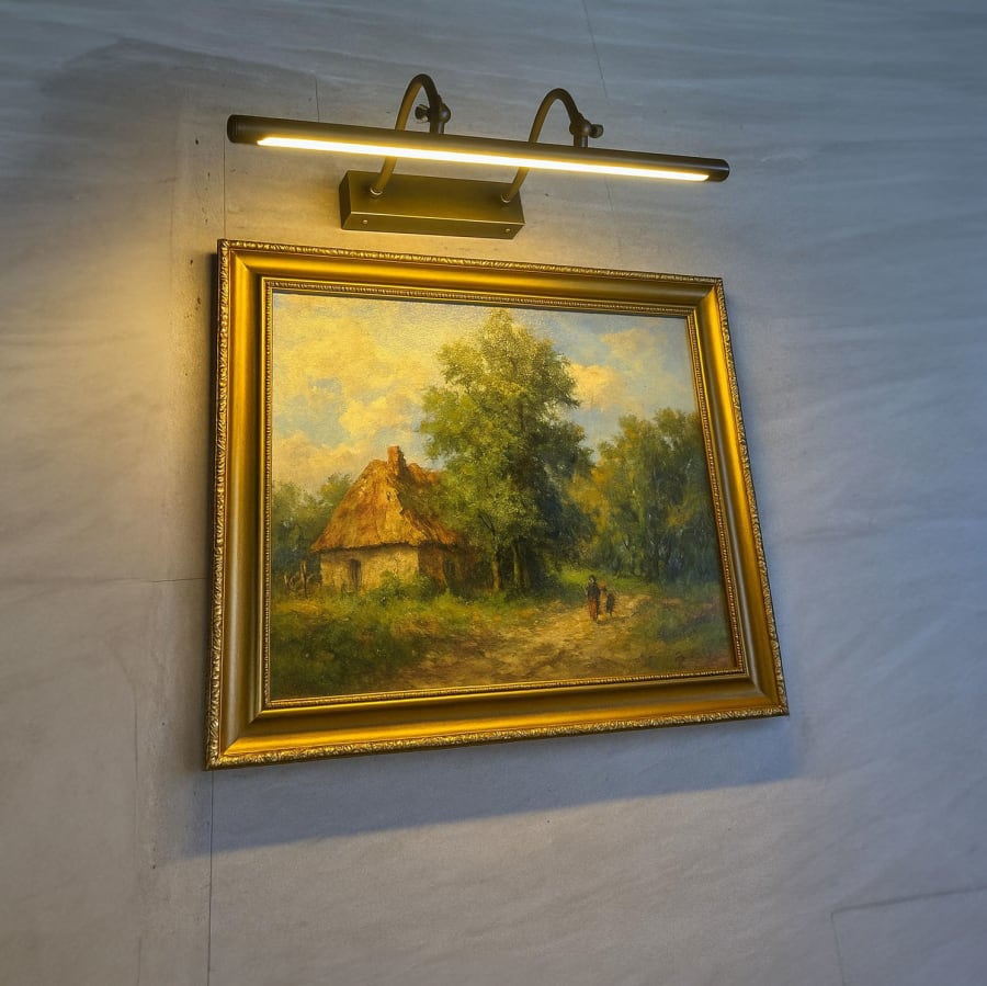 Picture Light 40 cm – LED Bar on Twin Swan-Neck Arms, Antique Brass