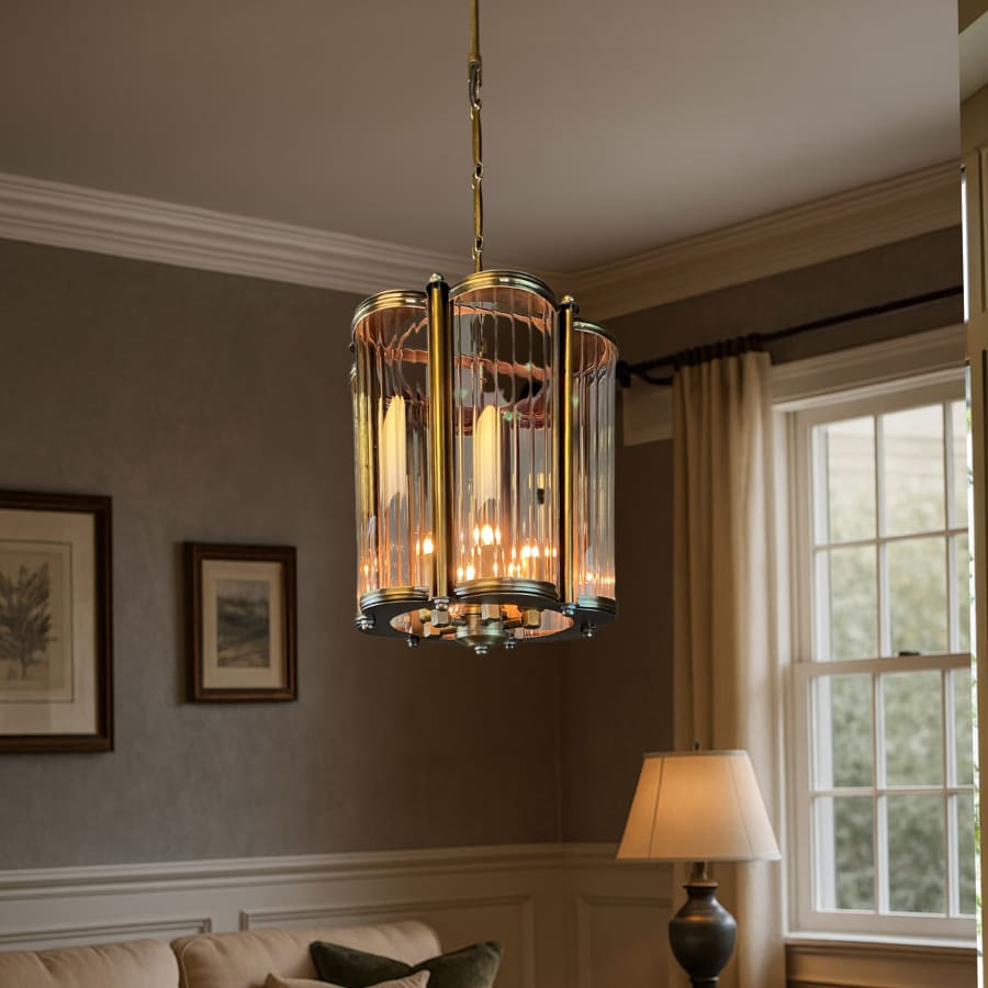 Antique Brass Patina Cylindrical Pendant Chandelier – Crystal Glass Detail