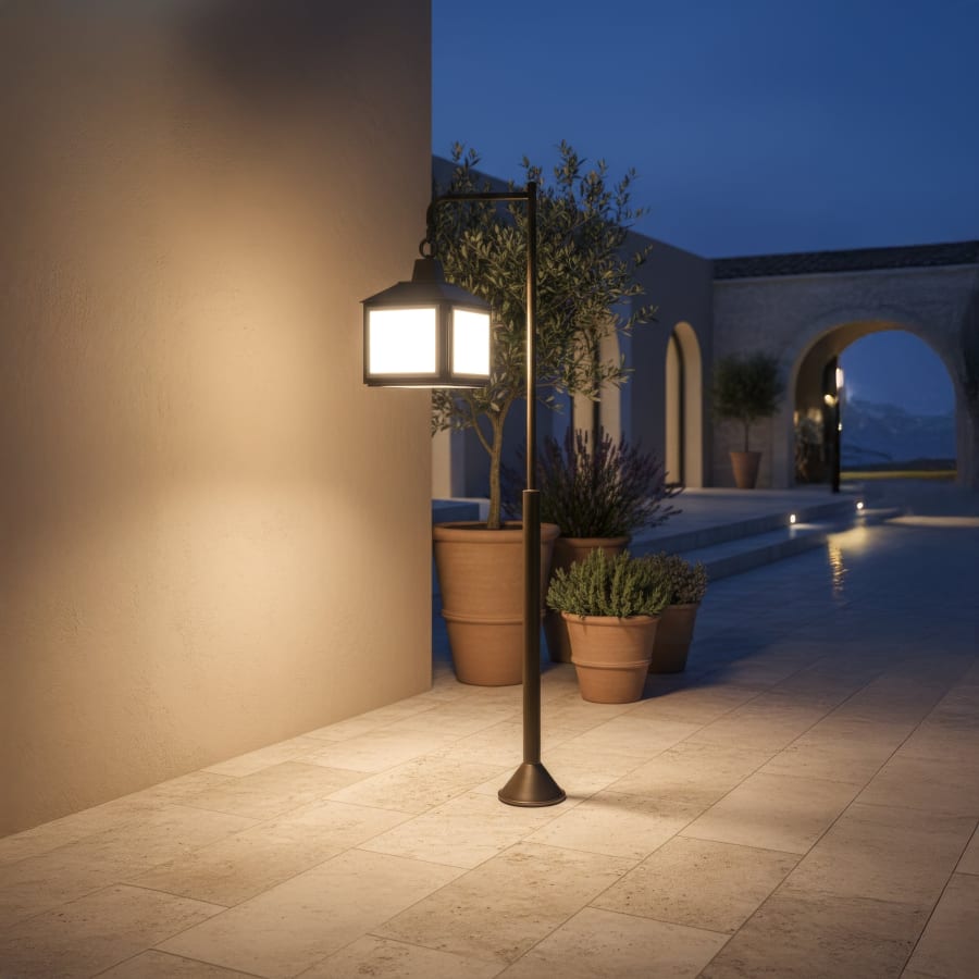Hanging Lantern Garden Post Light – Curved Arm, Opal Panels