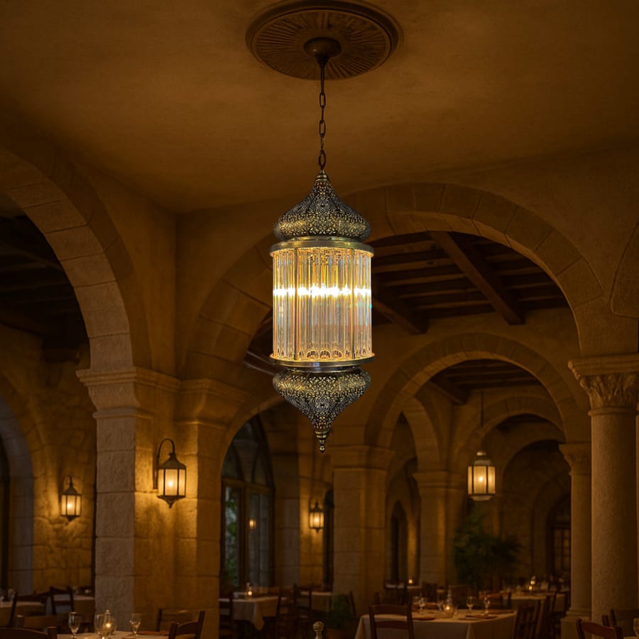 Antique Brass Moroccan Style Pendant Chandelier - Crystal Glass Detail