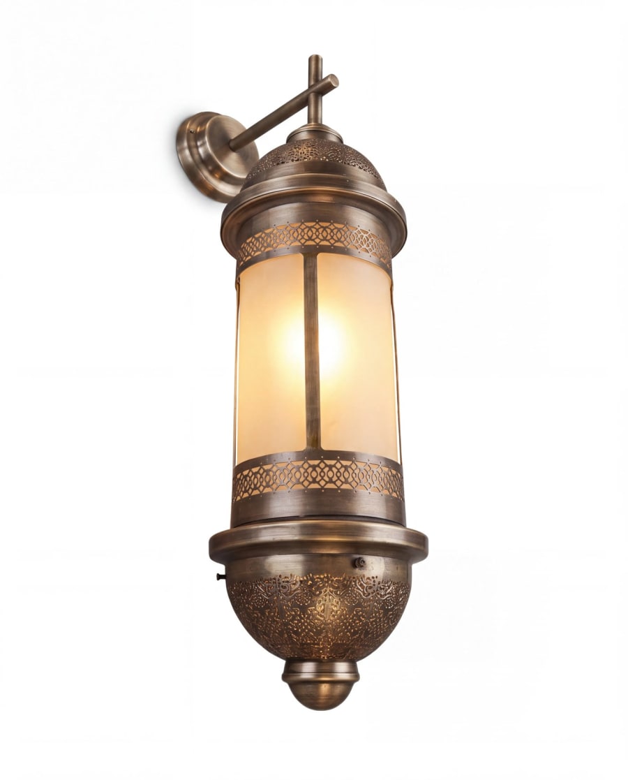 Moroccan-Inspired Decorative Wall Sconce – Cylindrical Opal Lantern with Pierced Bands