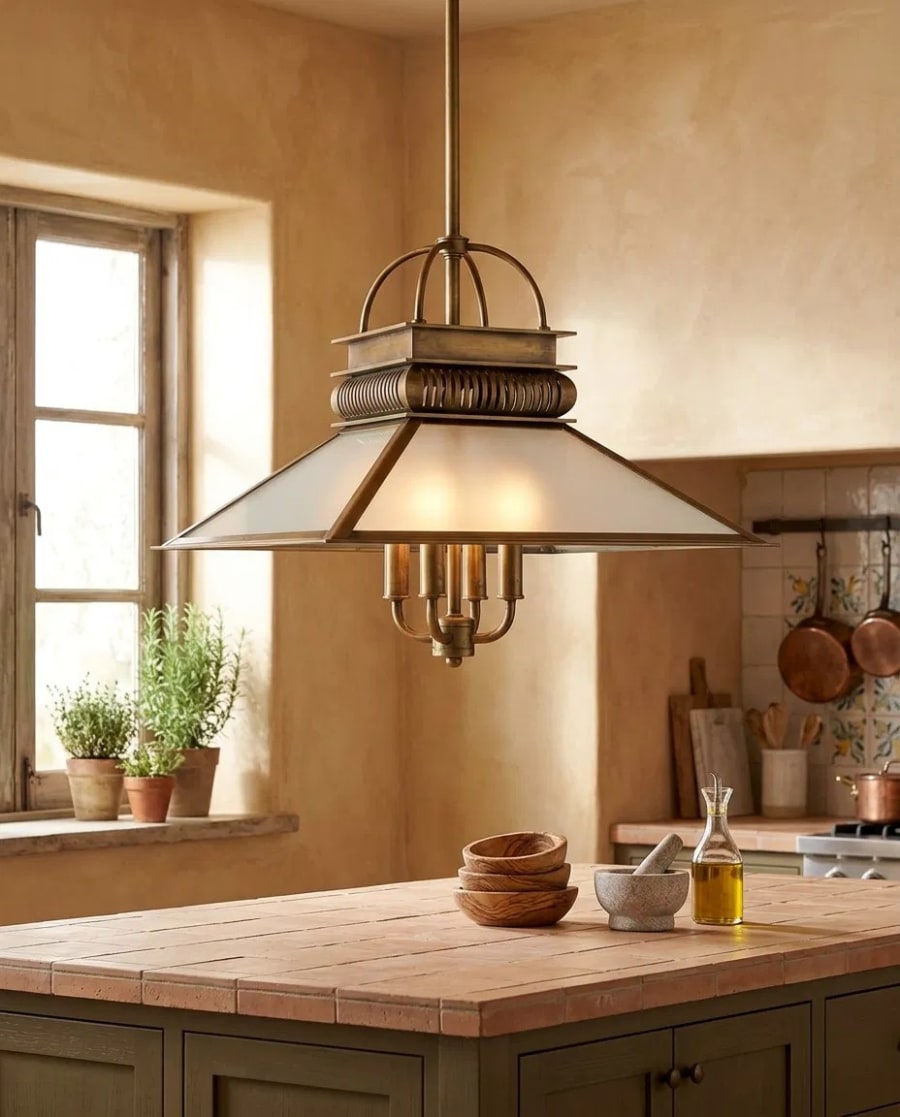 Pavilion Lantern – Cam Panelli Pirinç Sarkıt Avize