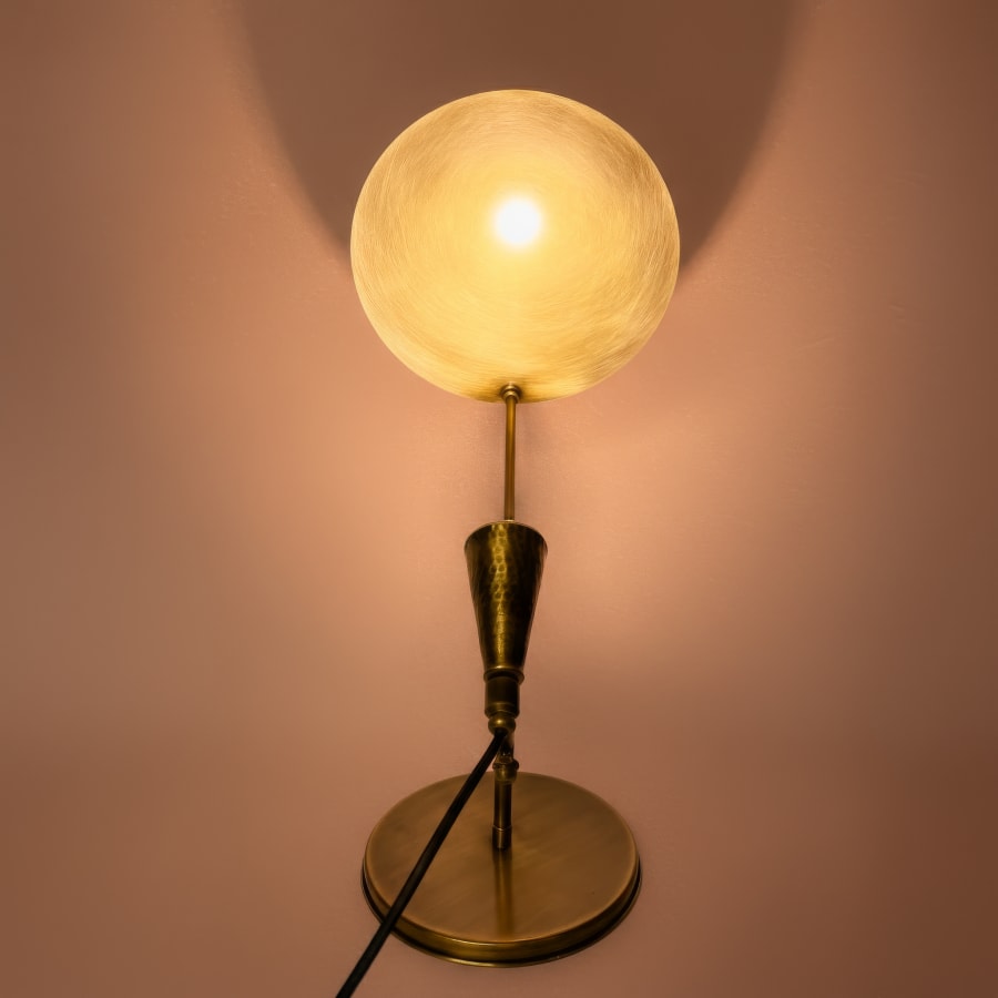 Solis Table Lamp – Tilted Disc Reflector with Hammered Cone, Antique Brass