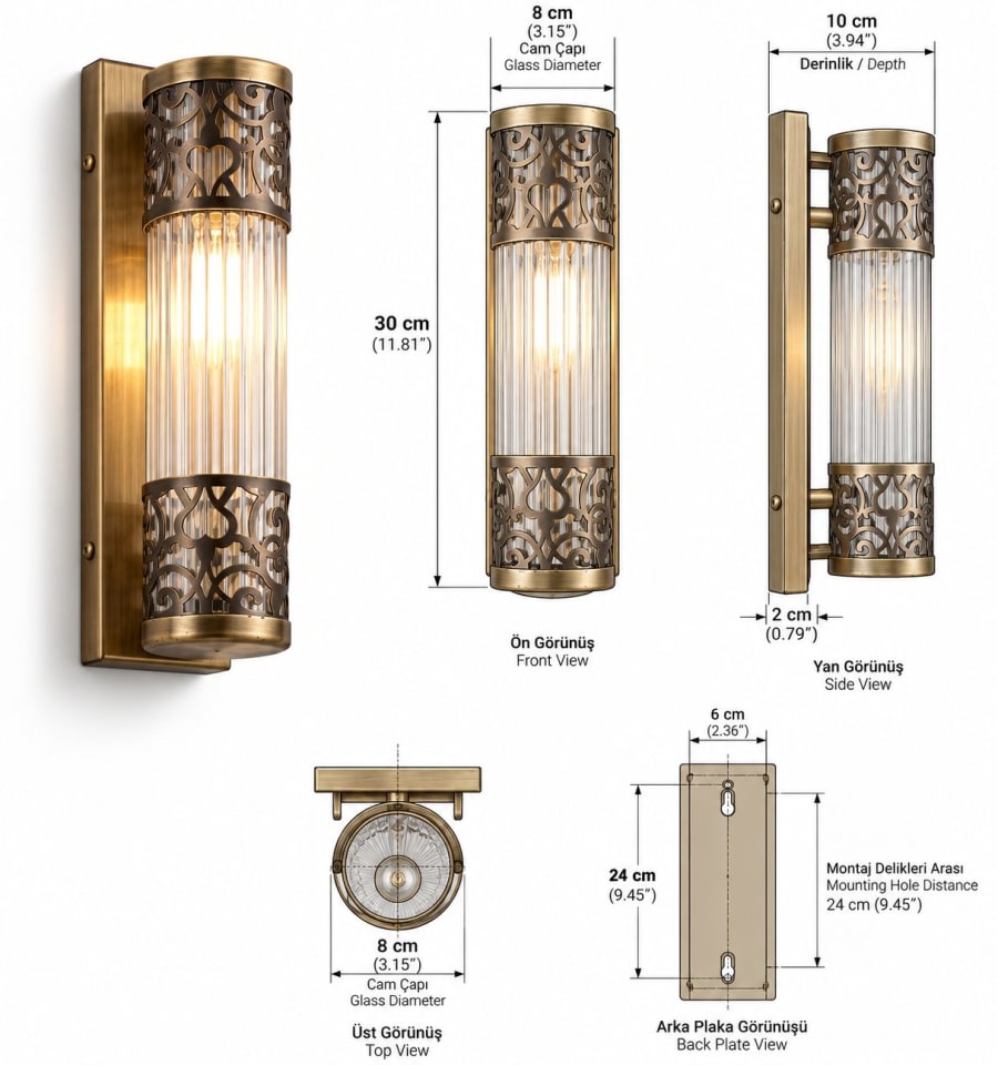Divan Wall Sconce – Fluted Glass Cylinder with Pierced Brass Bands