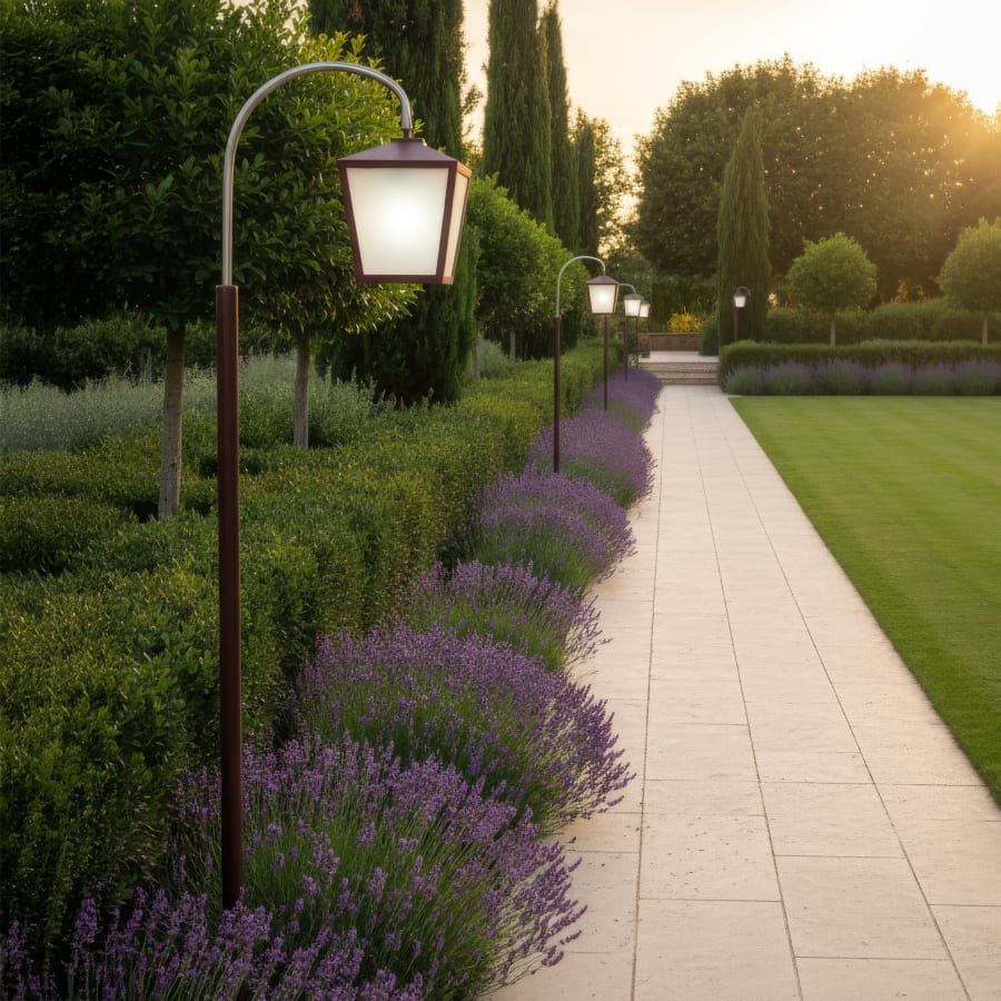 English Garden Post Light – Arched Arm, Classic Tapered Lantern