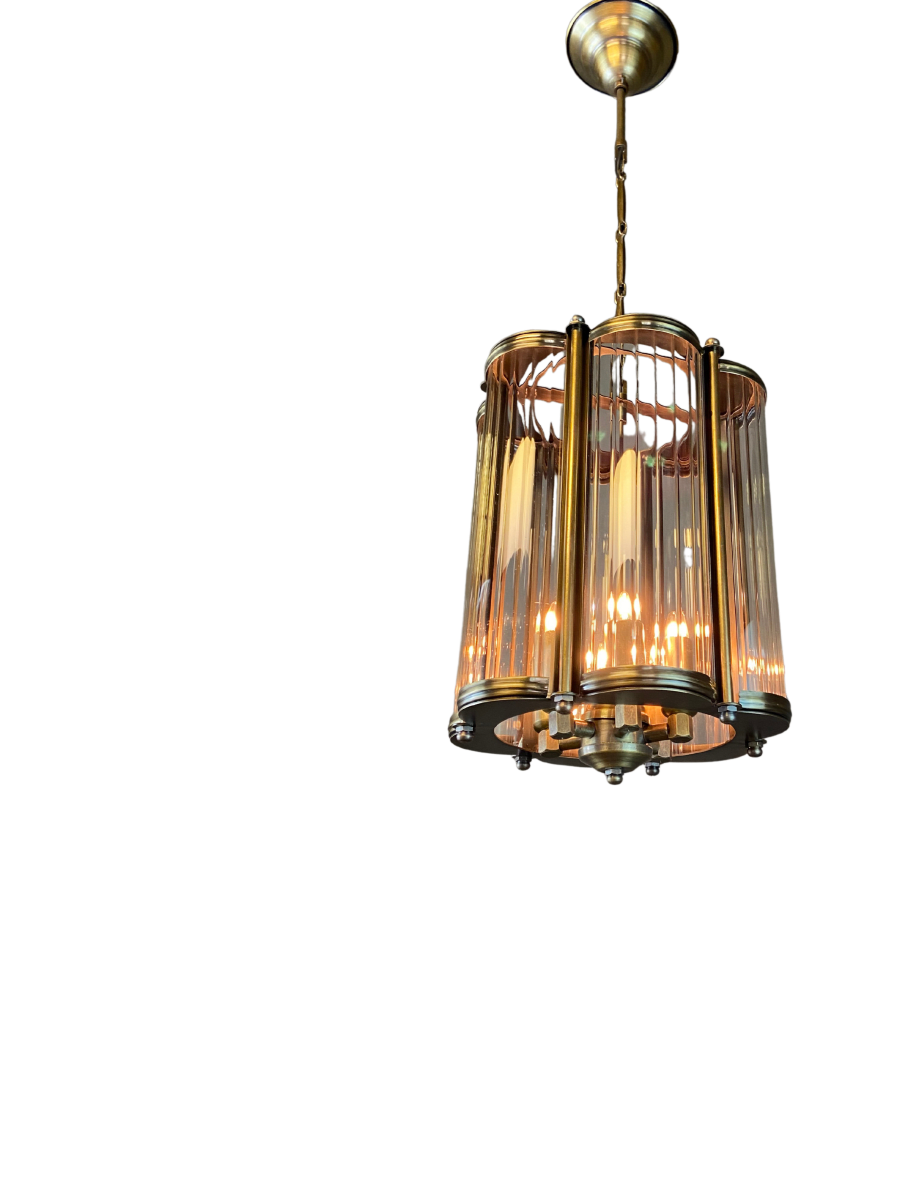Antique Brass Patina Cylindrical Pendant Chandelier – Crystal Glass Detail