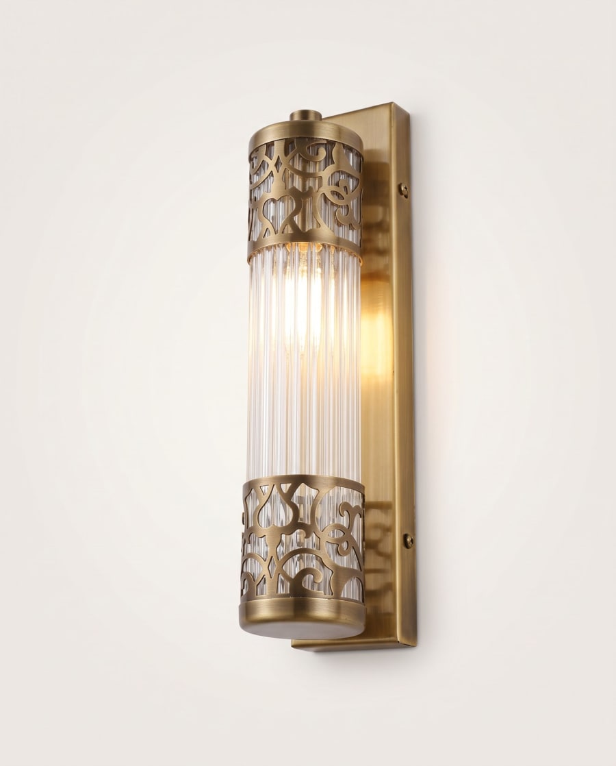 Divan Wall Sconce – Fluted Glass Cylinder with Pierced Brass Bands
