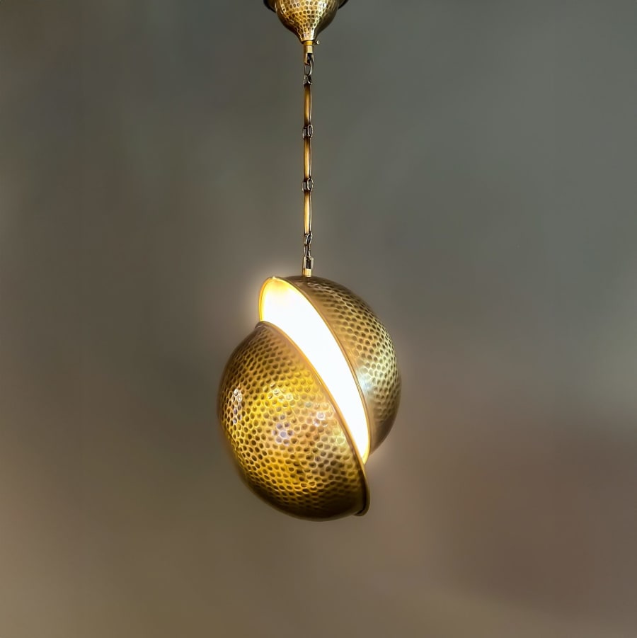 Hammered Brass Sphere Pendant – Offset Cut Modern Light Ø20 cm