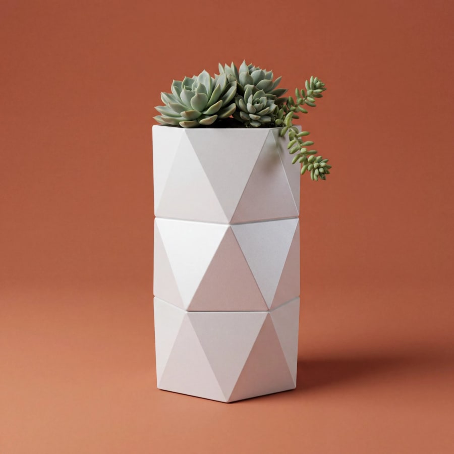 Prisma Planter – Layered Faceted Metal Outdoor Planter · Matte White