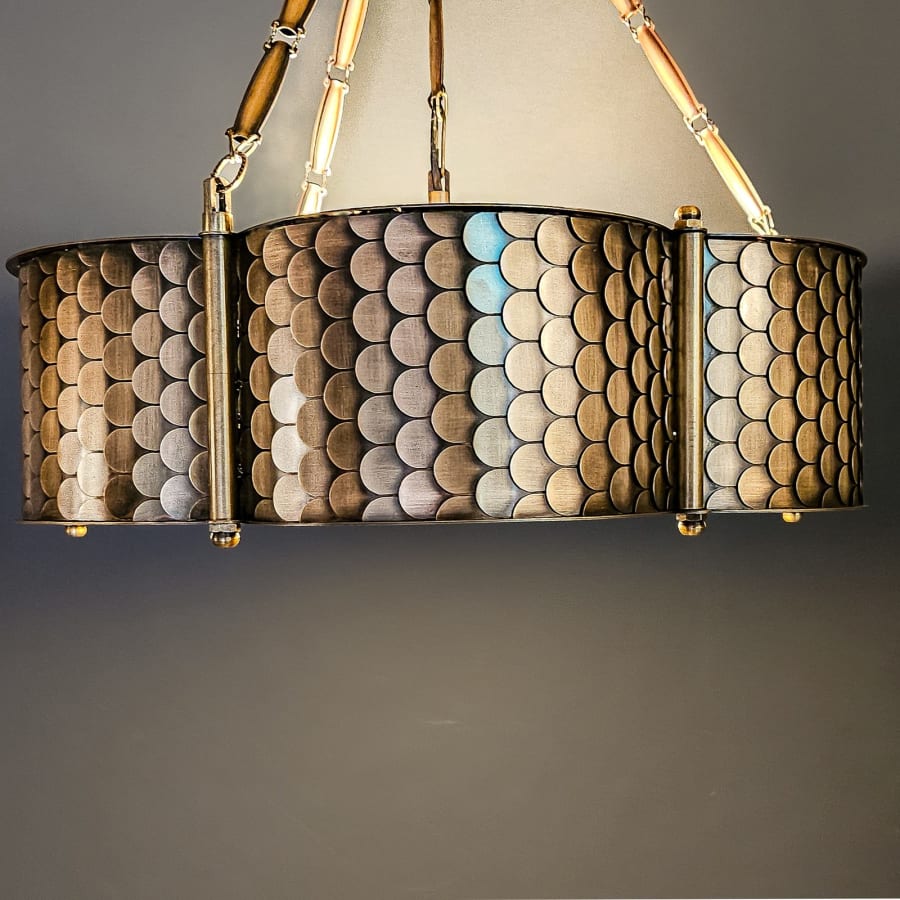 Scaled Brass Drum Chandelier – Opal Glass Modern Pendant Ø45 cm