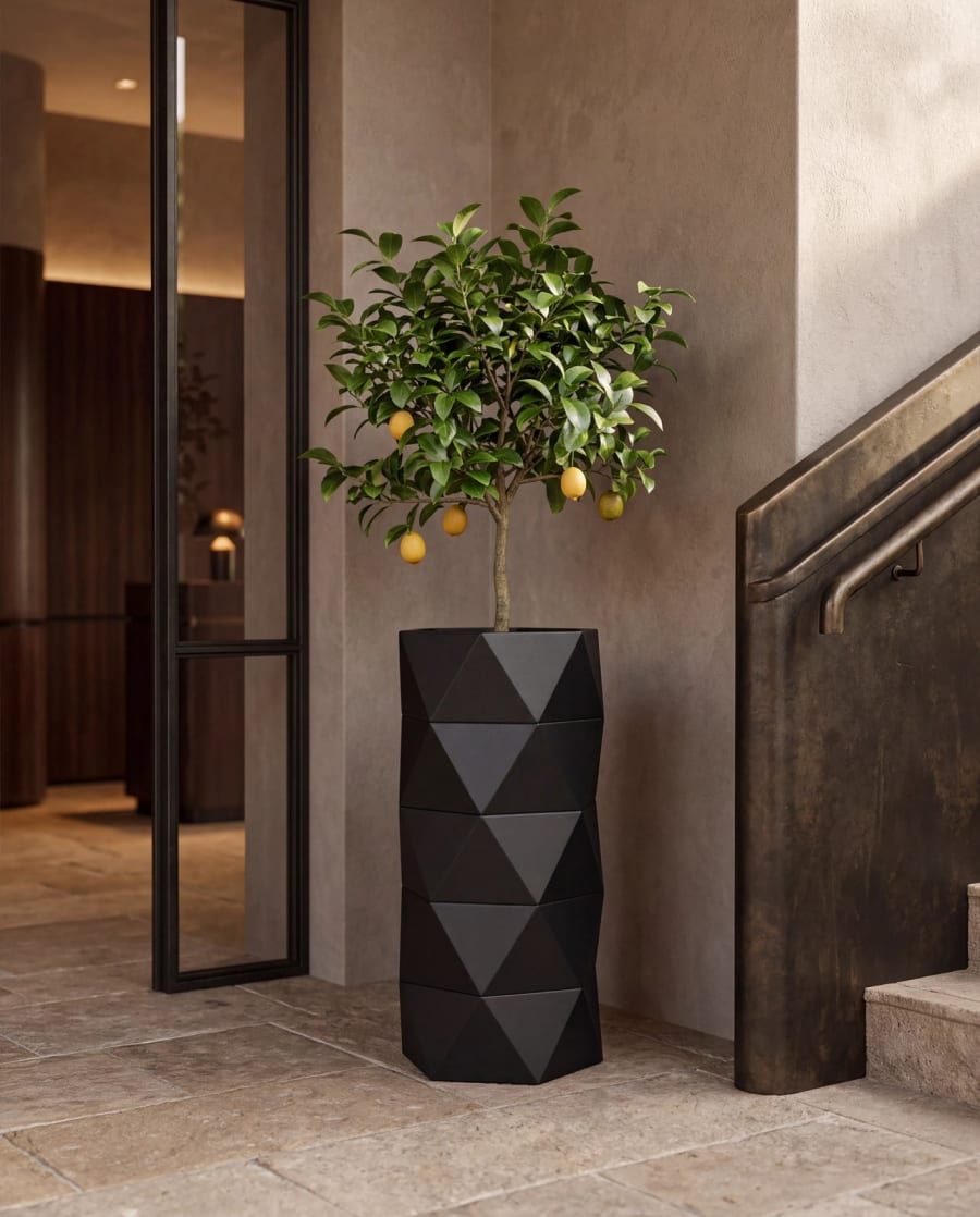 Prisma Planter – Layered Faceted Metal Outdoor Planter · Matte Black