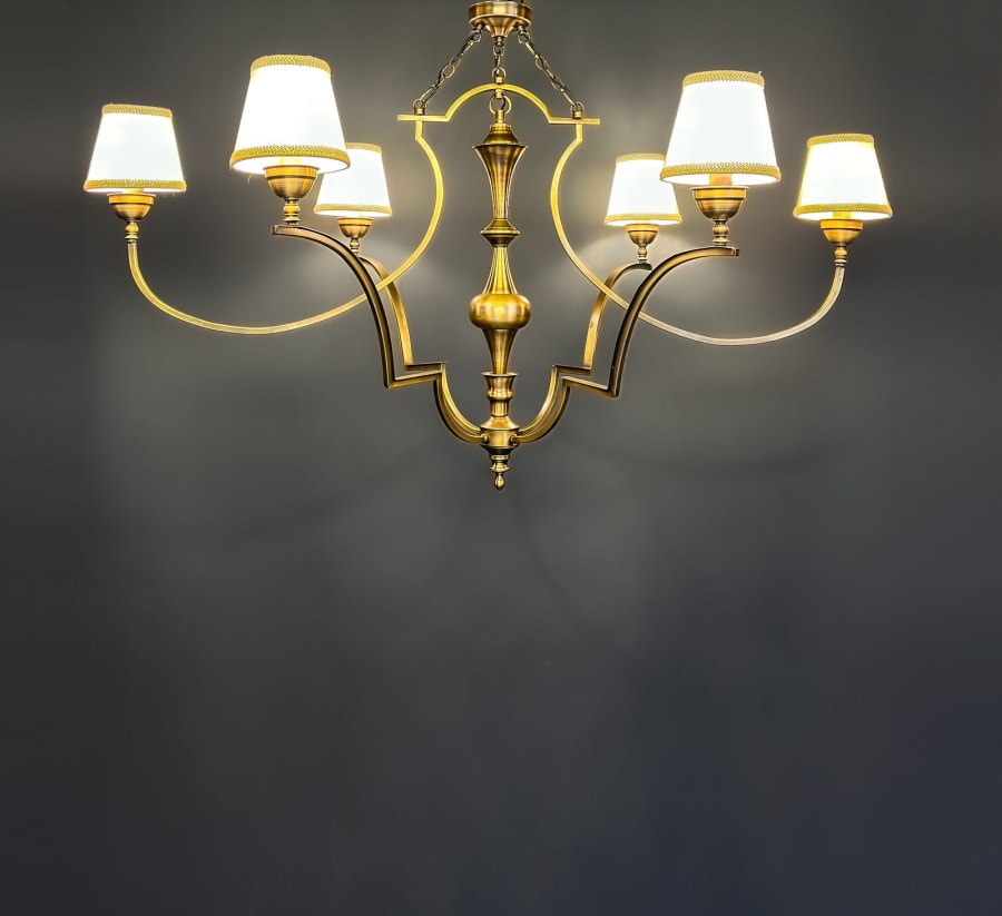 Six-Arm Cartouche Frame Brass Chandelier – Shaded Classic Pendant 80 cm