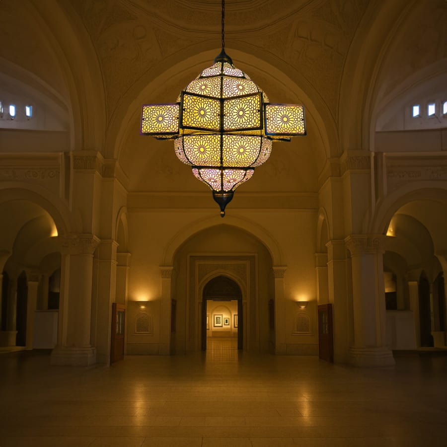Mashrabiya Panel Star Chandelier – Opal Glass Moroccan Light Ø60 × 120 cm