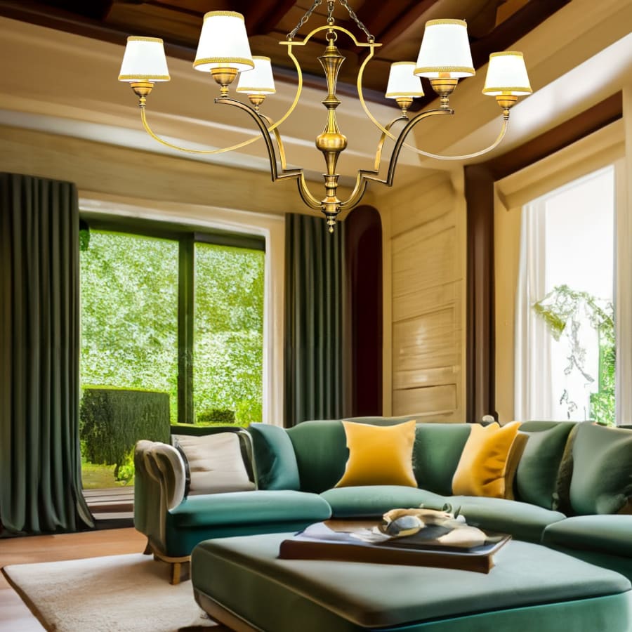 Six-Arm Cartouche Frame Brass Chandelier – Shaded Classic Pendant 80 cm