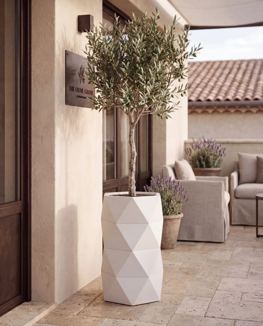 Prisma Planter – Layered Faceted Metal Outdoor Planter · Matte White