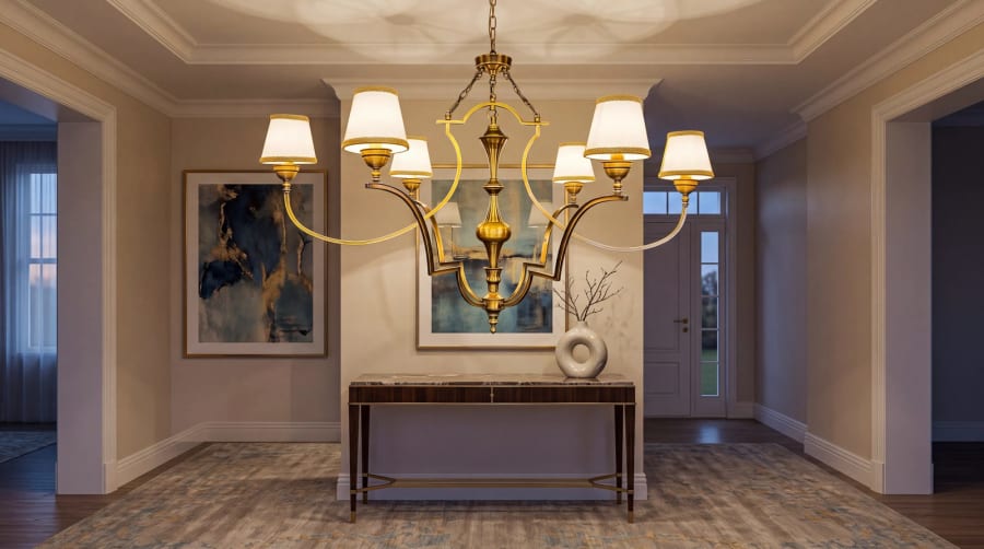 Six-Arm Cartouche Frame Brass Chandelier – Shaded Classic Pendant 80 cm