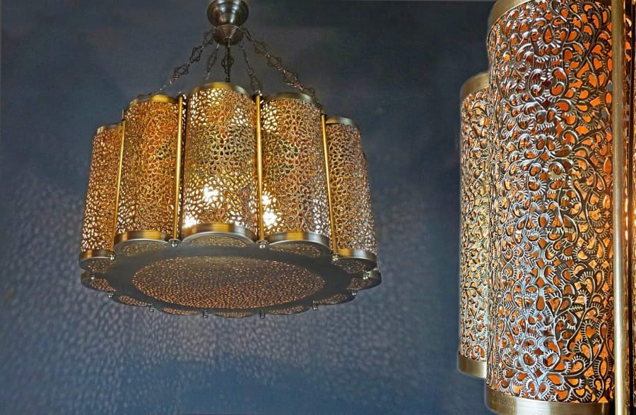 Columned Pierced Brass Chandelier – Handmade Moroccan Ceiling Light Ø50 cm
