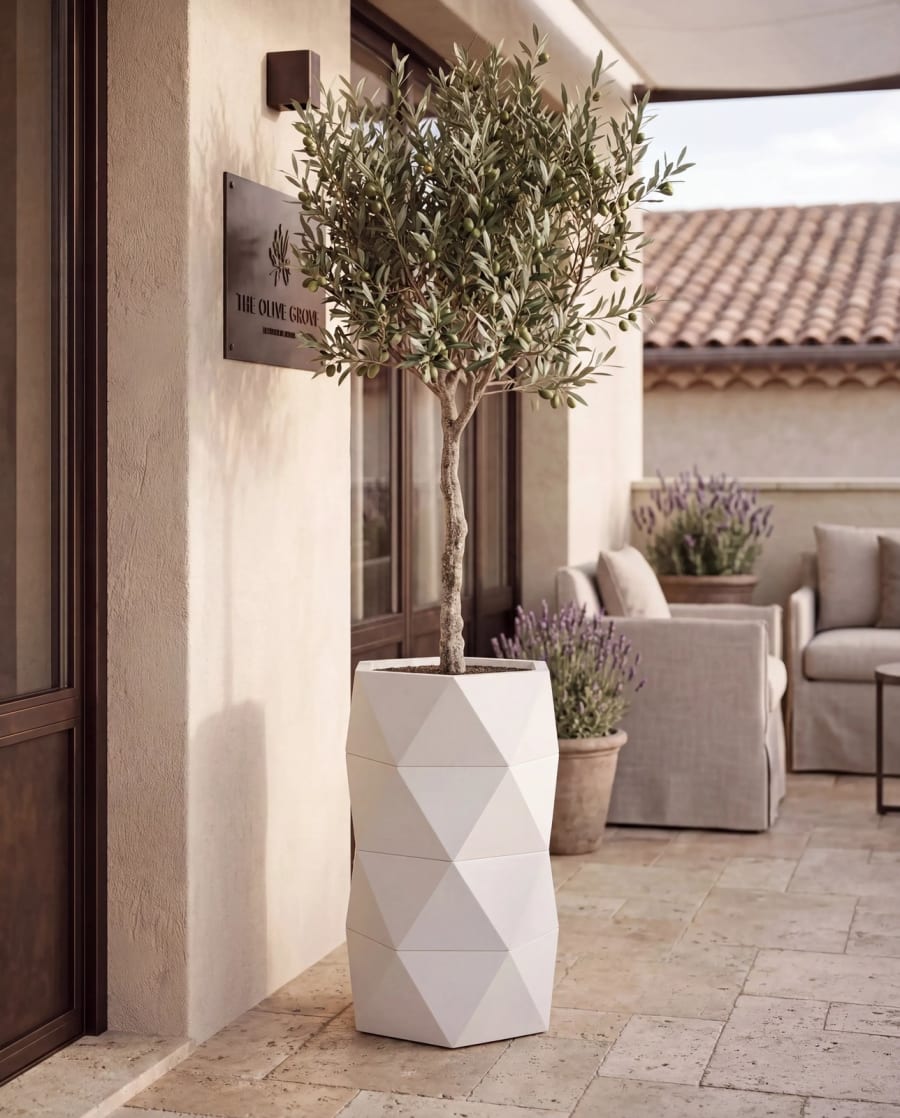 Prisma Planter – Layered Faceted Metal Outdoor Planter · Matte White