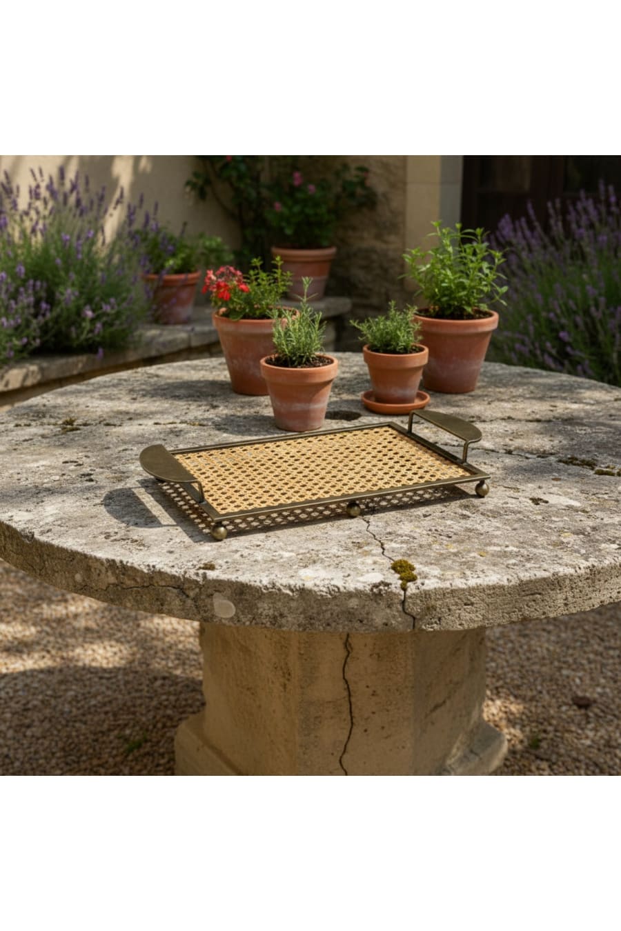 Rattan Weave Serving Tray – Antique Brass Metal Frame