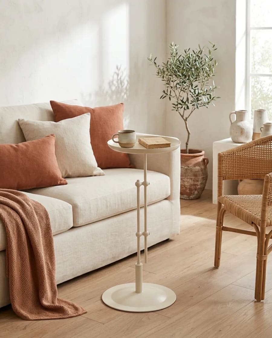 Cream White Adjustable Side Table – Round Tray Top Metal Drinks Table Ø32 × 65-80 cm