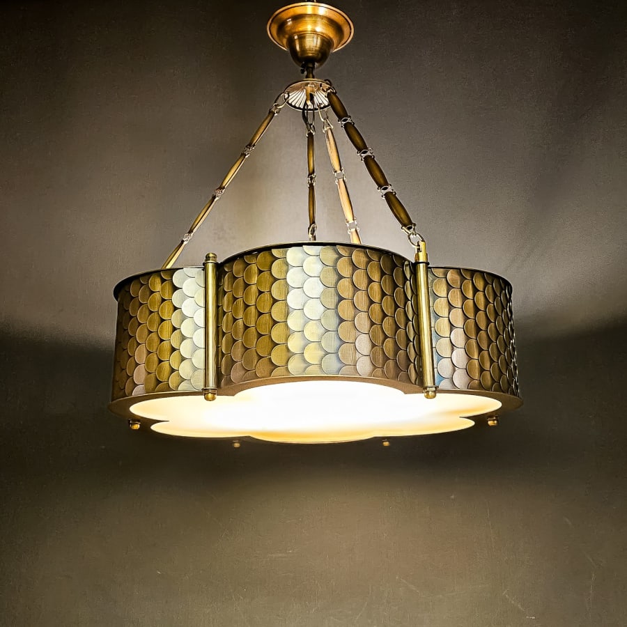 Scaled Brass Drum Chandelier – Opal Glass Modern Pendant Ø45 cm