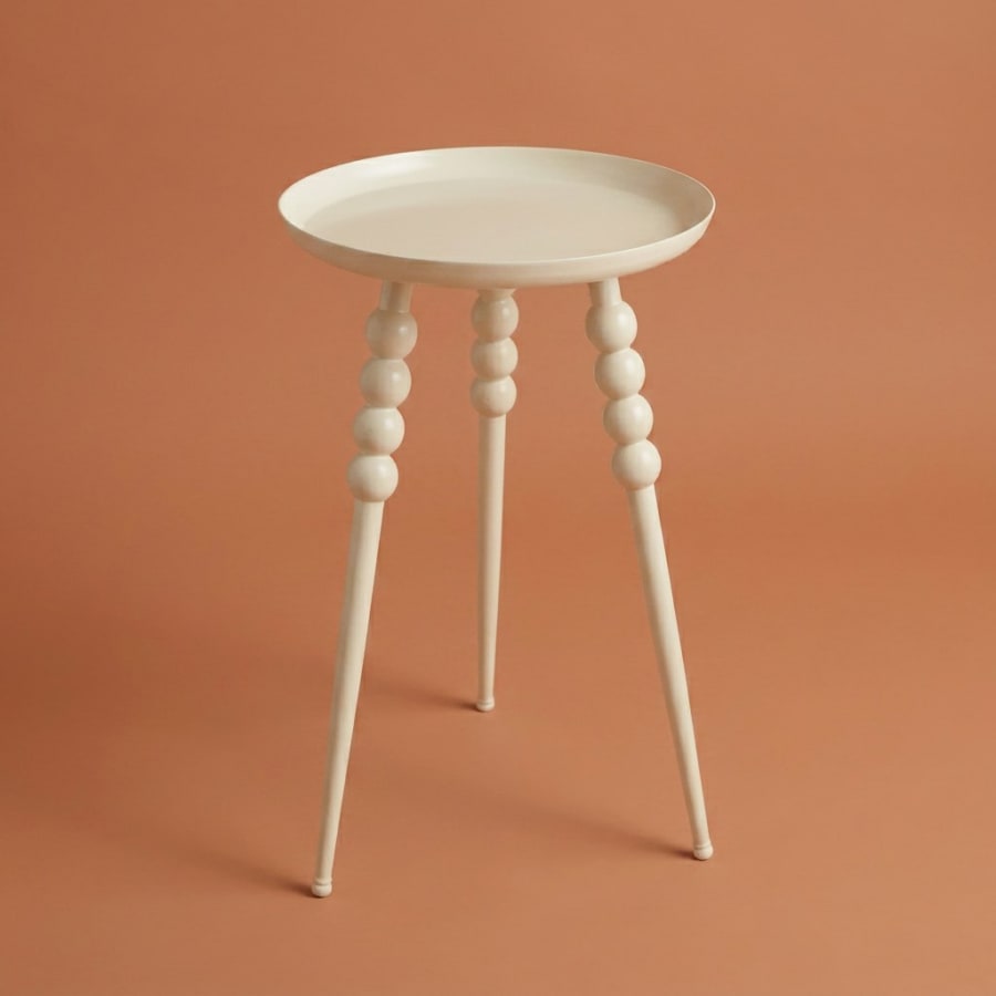Three-Legged Beaded Side Table – Round Tray Top