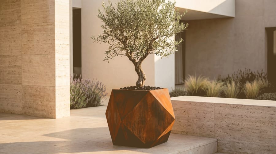 Origami Planter – Folded Metal Outdoor Planter · Corten-Look Oxide
