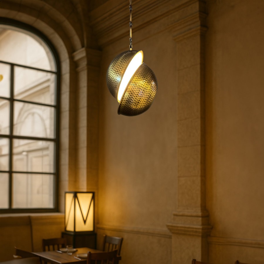 Hammered Brass Sphere Pendant – Offset Cut Modern Light Ø20 cm