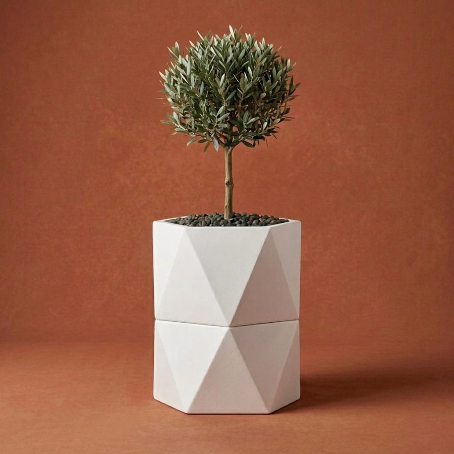 Prisma Planter – Layered Faceted Metal Outdoor Planter · Matte White