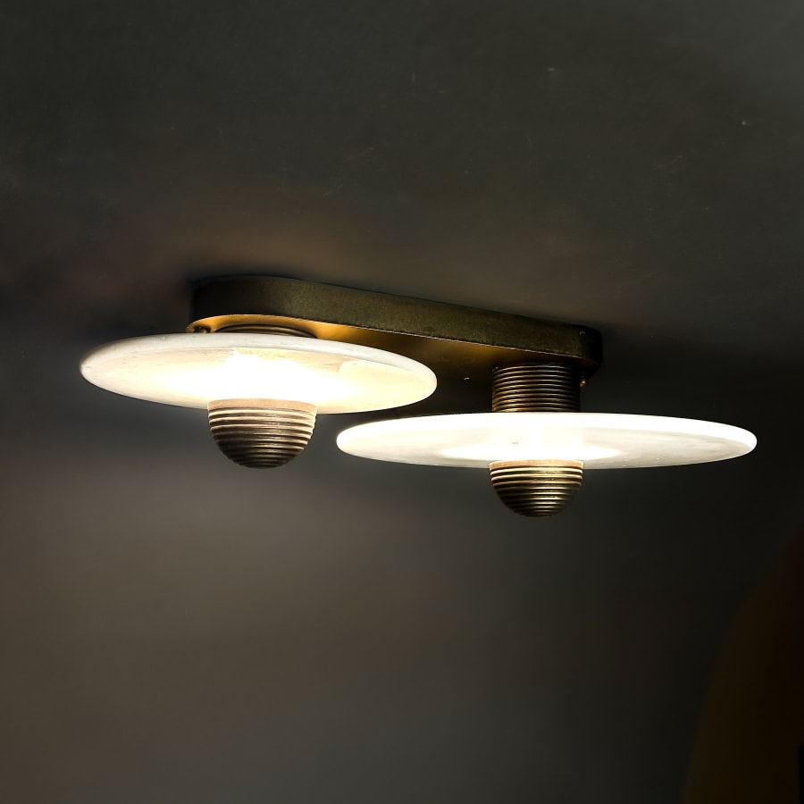 Twin Disc Flush Mount Ceiling Light – Plexiglass Discs, Antique Brass